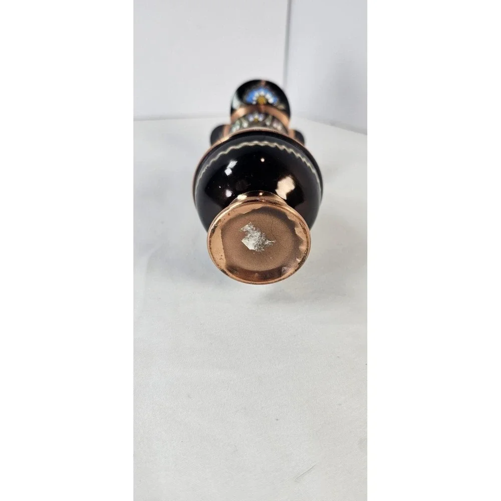Persian‎ Minakari Copper Vase Hand-Painted Floral Enamel Black 6.5in